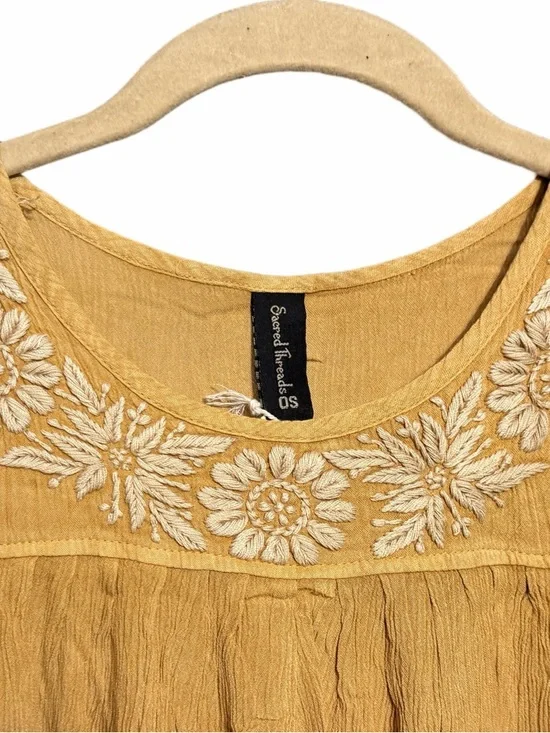 Sacred Threads Mustard Yellow Embroidered Sleeveless Tunic Dress - Picture 3 of 9